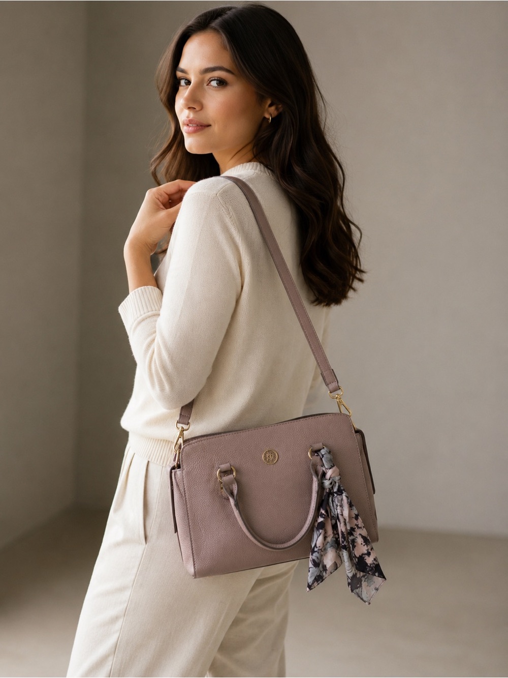 Anne Klein Blush Pebble Leather Shoulder Satchel with Scarf Accent - Picture 10 of 10